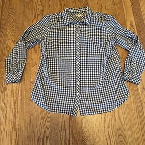 Talbots Women's Petite Large Checkered Navy Blue Long Sleeve Collared Shirt